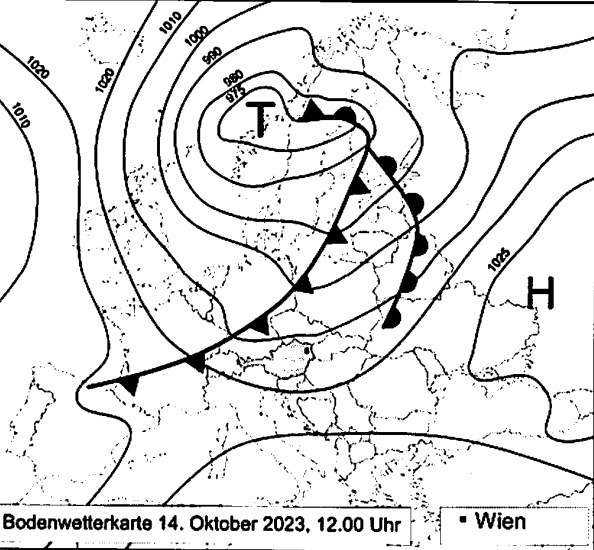Wetterkarte mit Tiefdruckzentrum und Hochdruckfront über Europa.